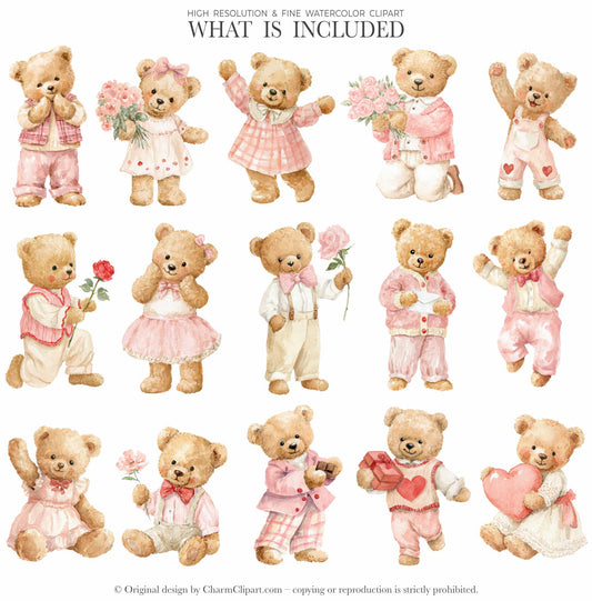 Pastel Valentine Teddy Bears Clipart, Cute Watercolor Love Bear PNG, Romantic Nursery Clipart, Baby Shower, Digital Download