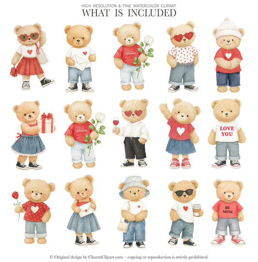 Watercolor Valentine Teddy Bears Clipart, Cute Watercolor Love Bear PNG, Romantic Nursery Clipart, Baby Shower, Digital Download