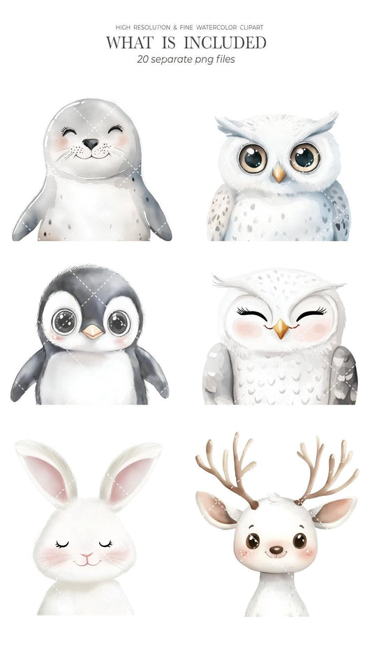 Watercolor Arctic Portraits Clipart, Cute Animals Clipart, Baby Animals, Winter Baby Shower Clipart, Polar Nursery, Boho North Pole Animals