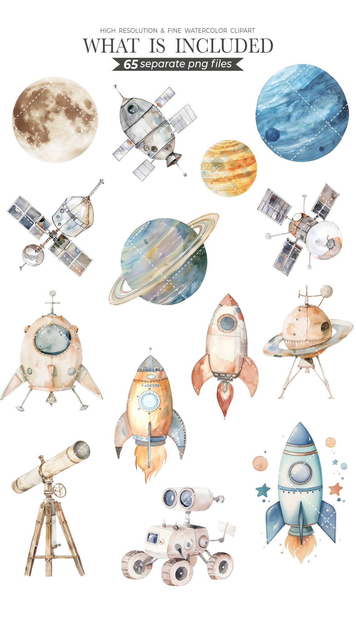 Outerspace Clipart Bundle - Watercolor Astronauts, Space Shuttle PNG, Cute Space Birthday Party Decorations, Science Digital Art, Rocket PNG