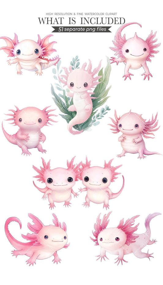 Axolotl Dreams Cliparts for Creative Project, Sea Animal Graphics, Nursery Wall Art, Card Making, Scrapbooking, Sublimation, Ephemera, PNG