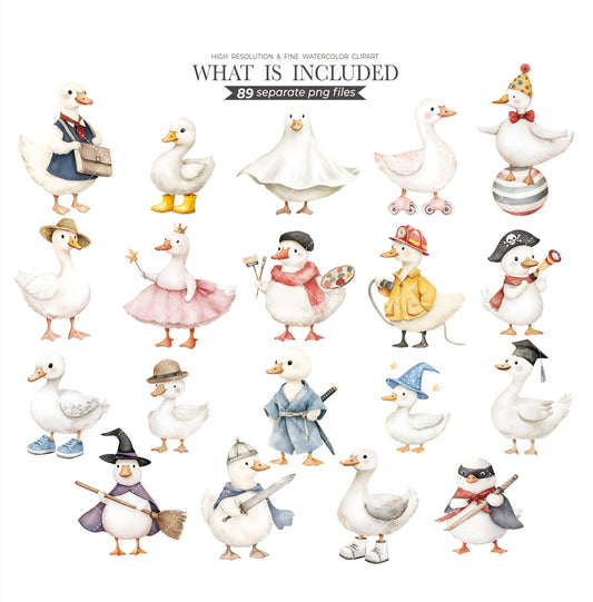 Silly Goose Clipart Vintage Spring Cottagecore Cute Whimsical Watercolor PNG Commercial Use Birthday Party Baby Shower Wildflowers Balloons