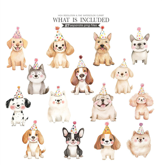 Cute Dogs Clipart Birthday Party Watercolor Pastel Cartoon Puppy Breeds Bundle PNG Sublimation Birthday Invitations Commercial Use Clipart