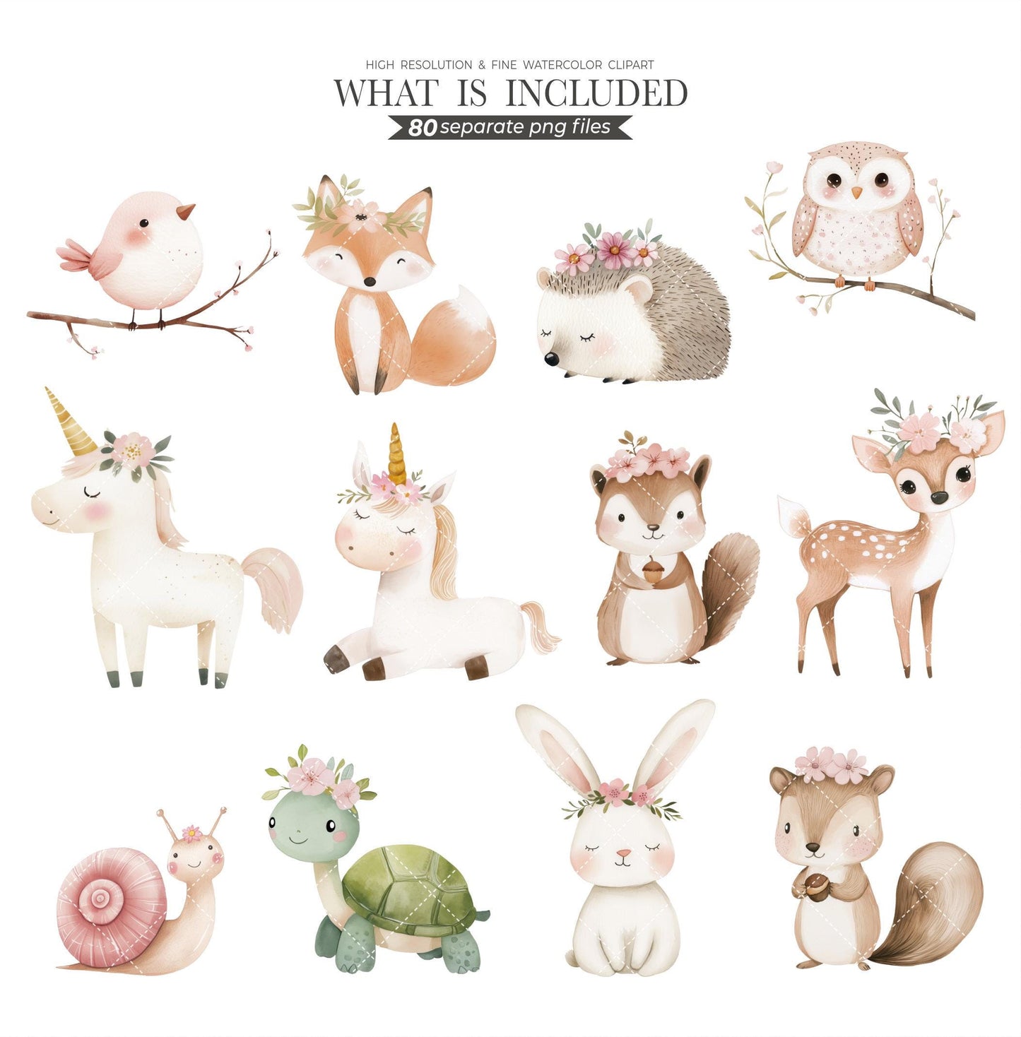 Watercolor Fairy Garden Clipart, Pink Fairy Princess PNG, Woodland Fantasy Unicorn, Cute Forest Animals, Magical Clipart, Whimsical Nursery