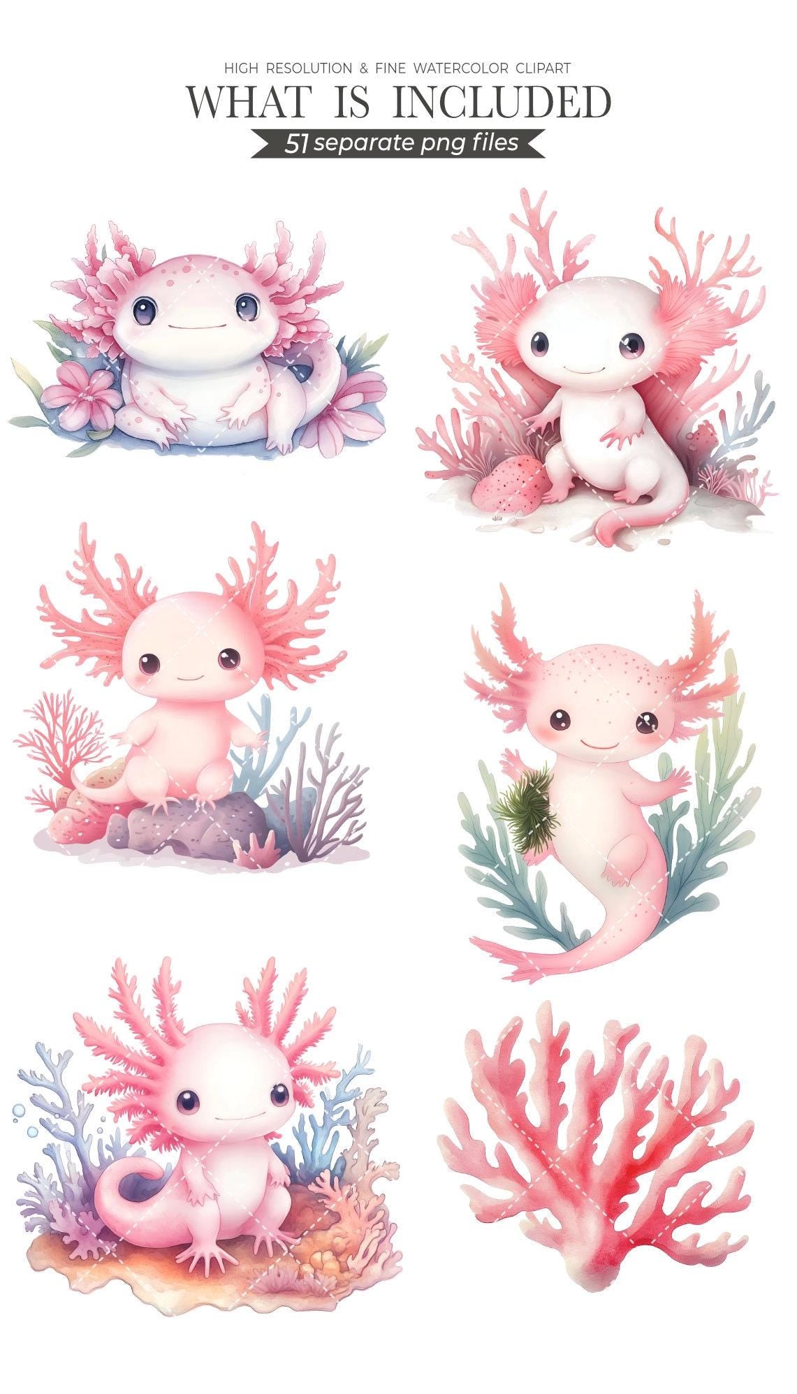 Axolotl Dreams Cliparts for Creative Project, Sea Animal Graphics, Nursery Wall Art, Card Making, Scrapbooking, Sublimation, Ephemera, PNG