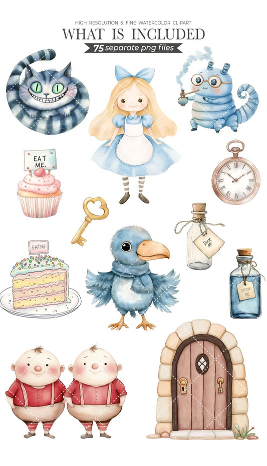 75 Alice in Wonderland Watercolor Clipart PNG, Tea Party, Alice PNG, Cute Alice Wonderland Clipart, Queens Croquet Ground, Cute Alice PNG