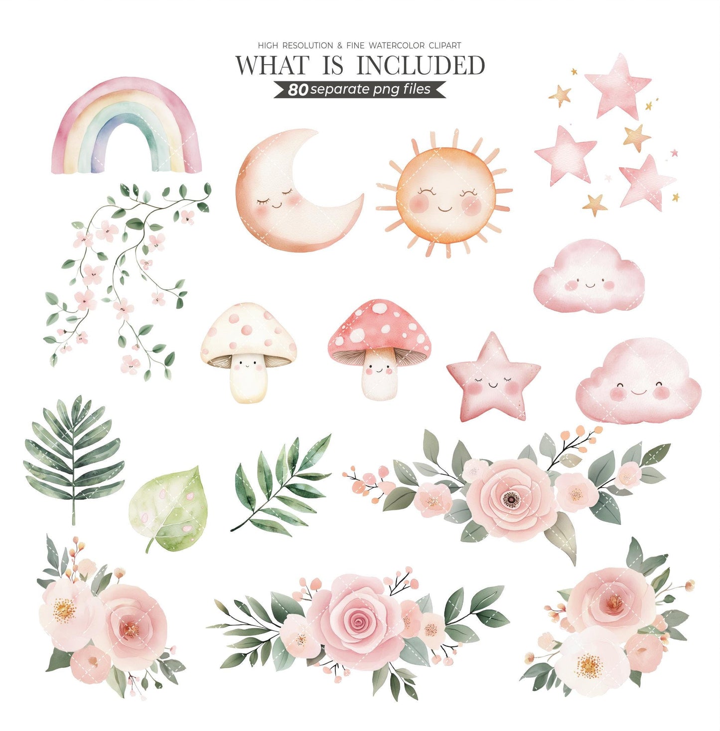 Watercolor Fairy Garden Clipart, Pink Fairy Princess PNG, Woodland Fantasy Unicorn, Cute Forest Animals, Magical Clipart, Whimsical Nursery