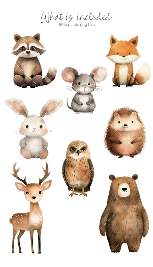Woodland Animals Clipart Bundle, Cute Forest Animals PNG, Watercolor Woodland Animals Baby Shower, Forest Babies, Nursery Woodland Decor