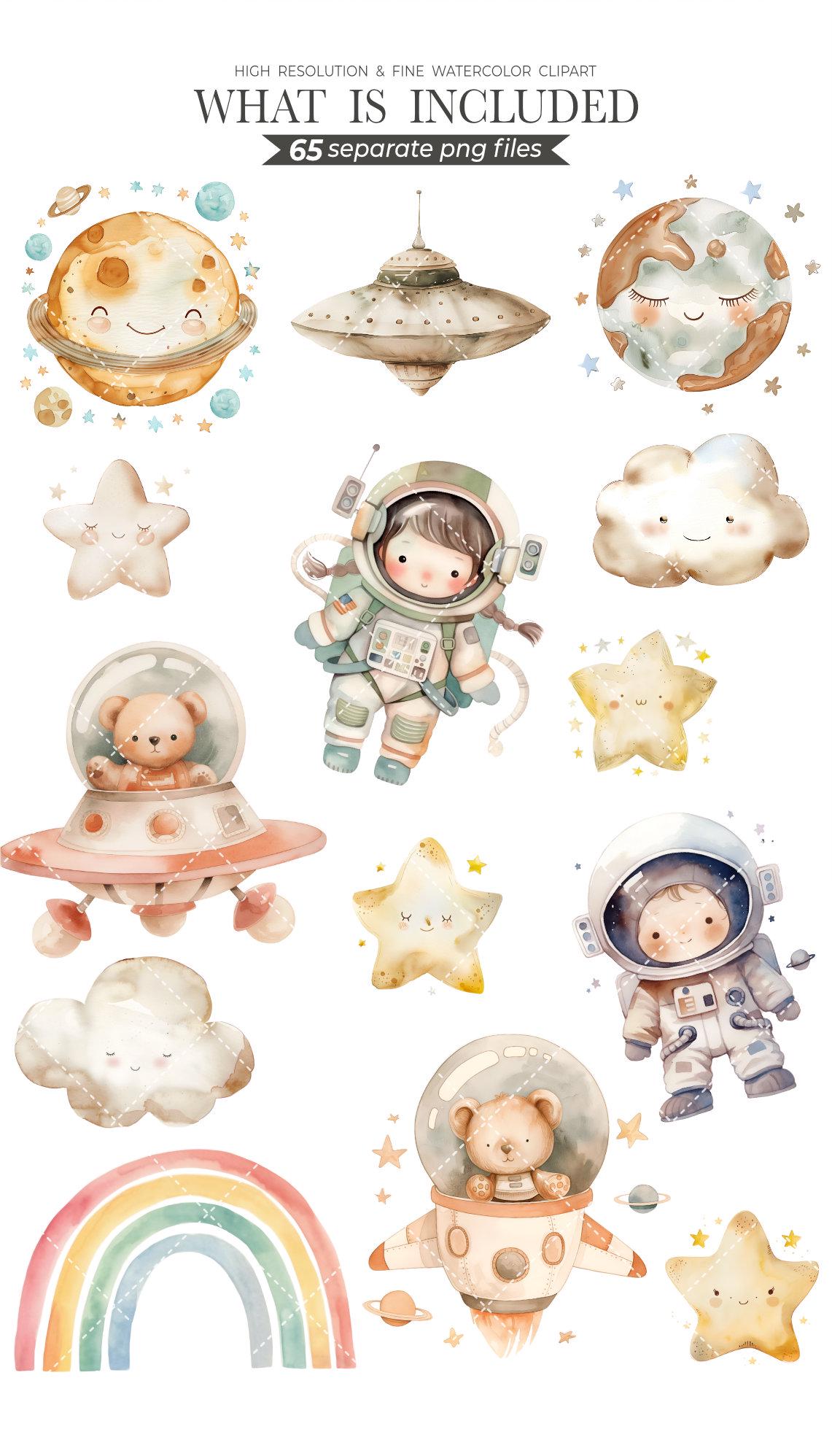 Outerspace Clipart Bundle - Watercolor Astronauts, Space Shuttle PNG, Cute Space Birthday Party Decorations, Science Digital Art, Rocket PNG