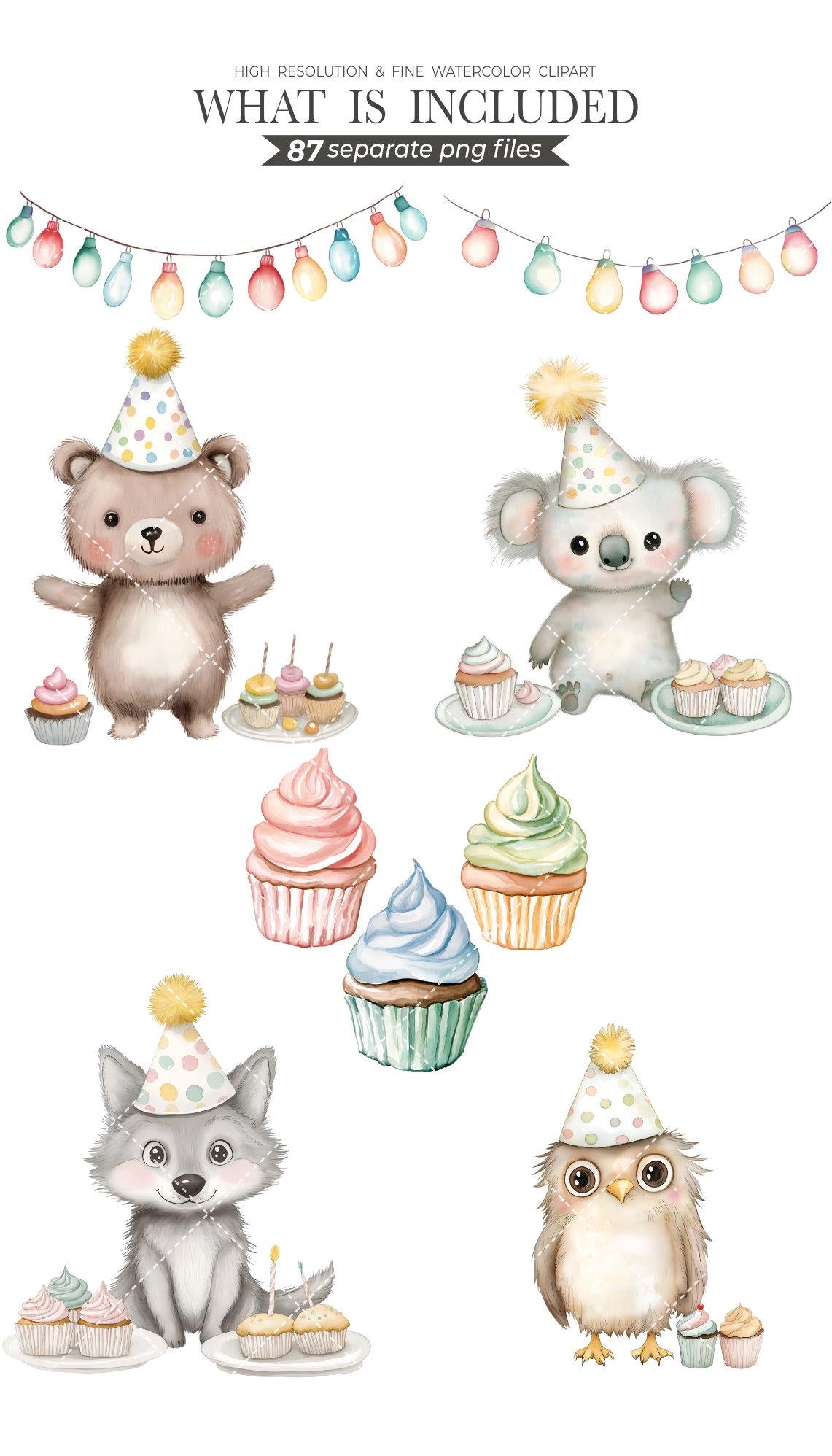 Watercolor Cute Birthday Clipart Collection with Cute Watercolor Animals - Birthday Party Watercolor Kit - DIY Invitations