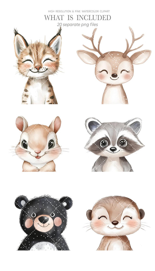 Watercolor Woodland Portraits Clipart, Cute Animals Clipart, Baby Animals, Baby Shower Clipart, Woodland Nursery, Boho Forest Animals