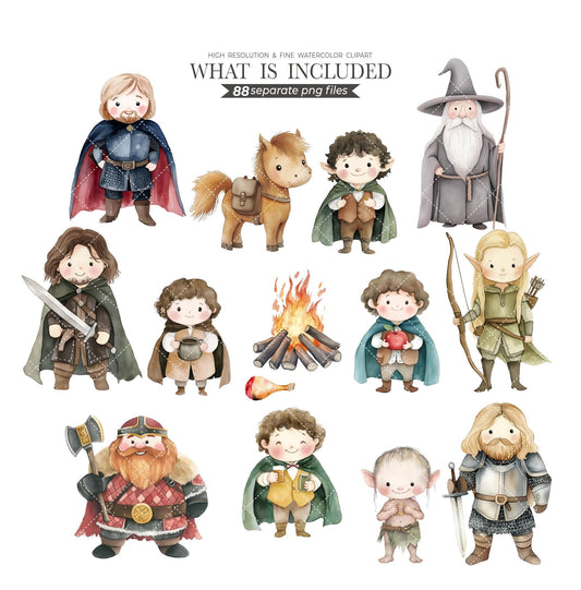 Power Rings Clipart, Middle Earth, Gray Wizard, Watercolor Illustration, Elf Queen, Dark Lord, Ranger, Trilogy Reader Gift, Commercial Use