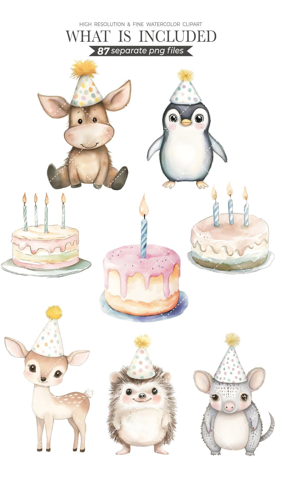 Watercolor Cute Birthday Clipart Collection with Cute Watercolor Animals - Birthday Party Watercolor Kit - DIY Invitations