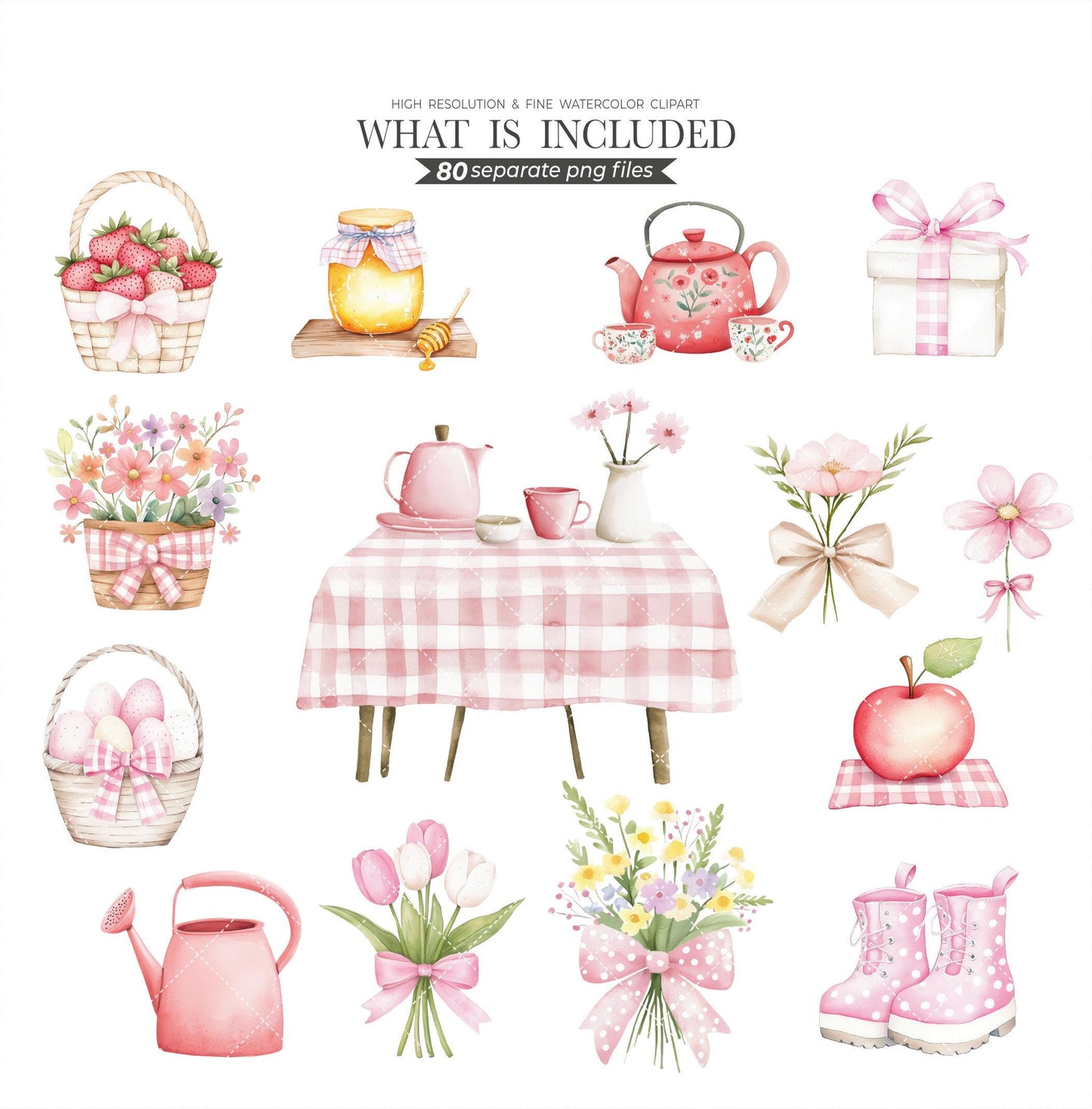 Spring Cottagecore Clipart, Cute Strawberry, Animals, Florals, Rustic Farm, Red Gingham, Polka Dots, Nursery Kids Watercolor, Commercial Use