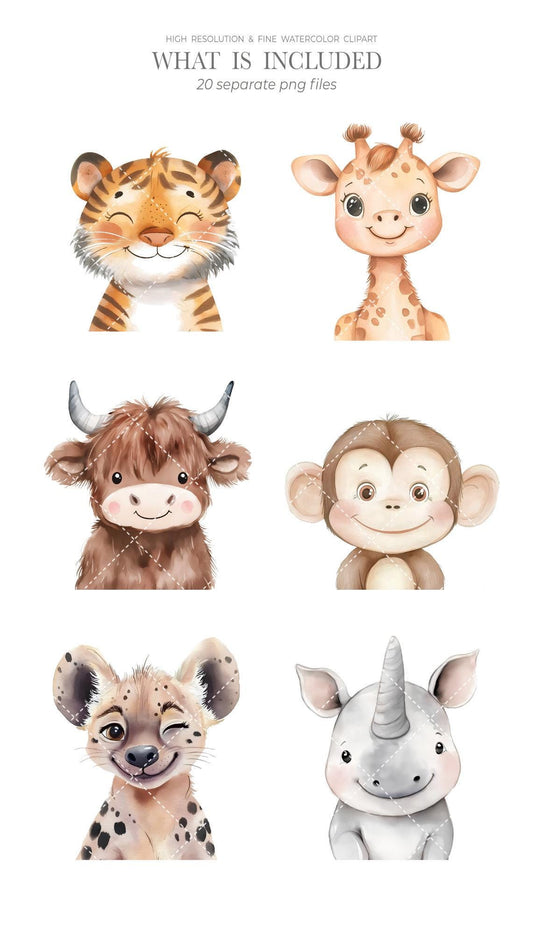 Watercolor Safari Portraits Clipart, Cute Animals Clipart, Baby Animals, Baby Shower Clipart, Safari Nursery, Boho Tropical Animals