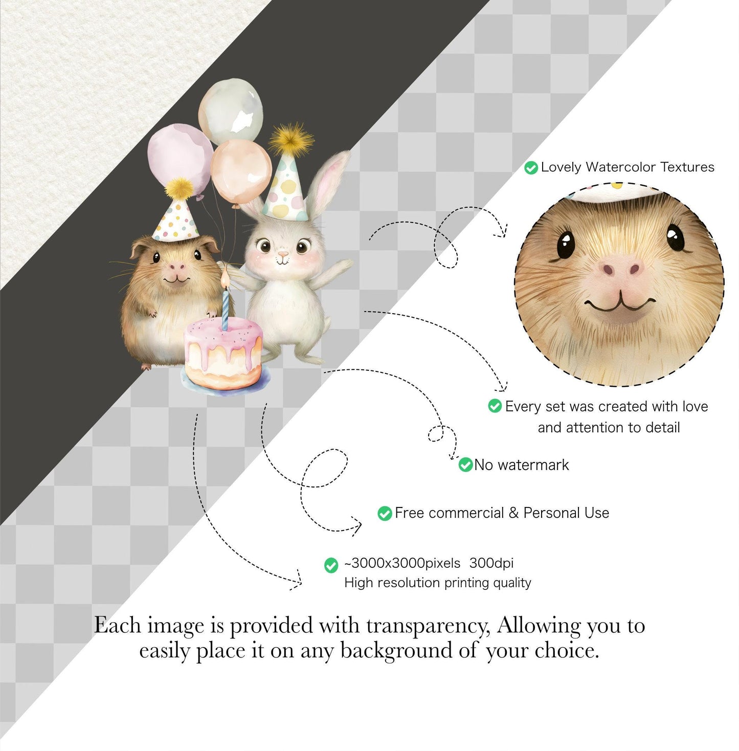 Watercolor Cute Birthday Clipart Collection with Cute Watercolor Animals - Birthday Party Watercolor Kit - DIY Invitations