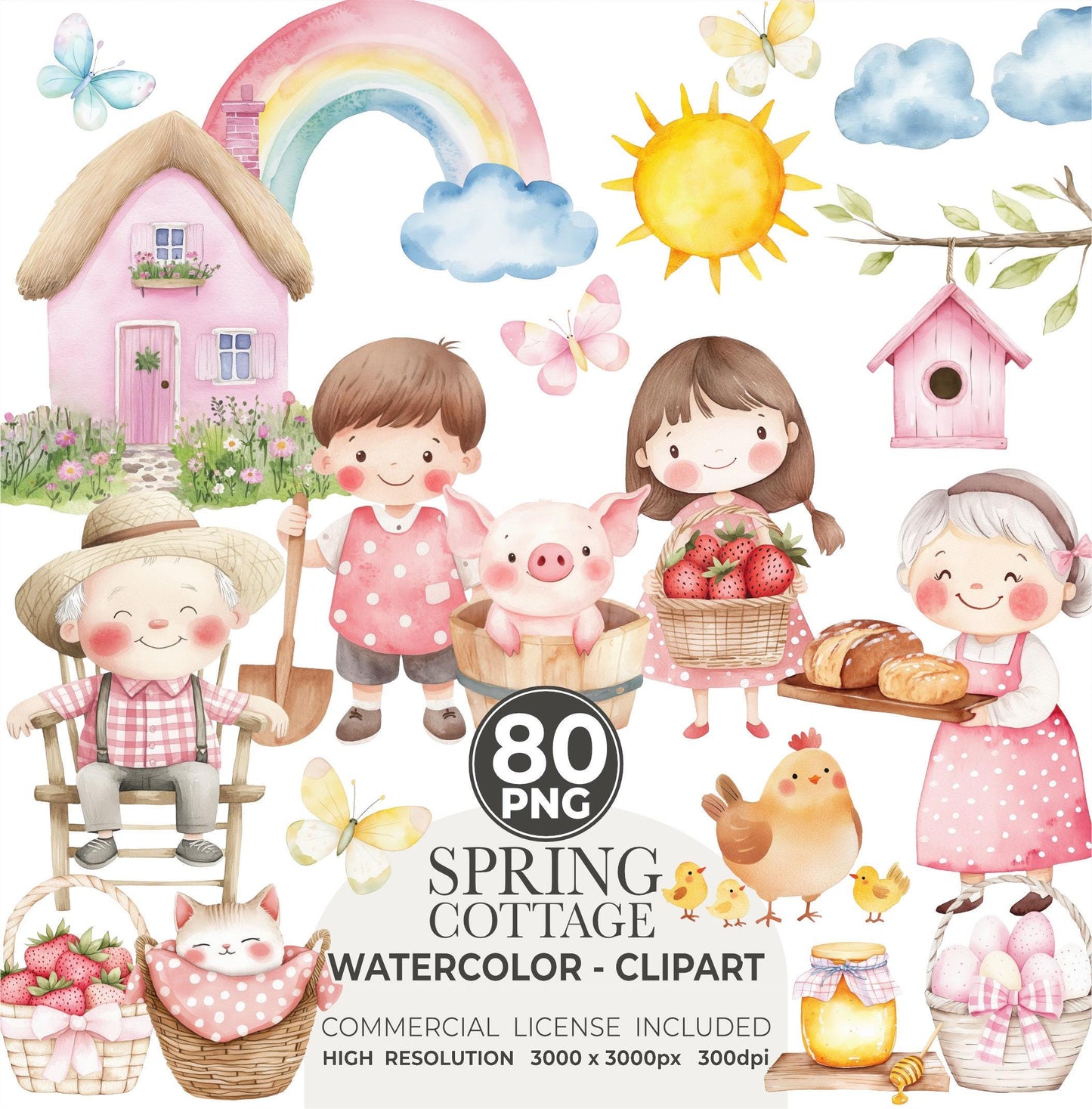 Spring Cottagecore Clipart, Cute Strawberry, Animals, Florals, Rustic Farm, Red Gingham, Polka Dots, Nursery Kids Watercolor, Commercial Use