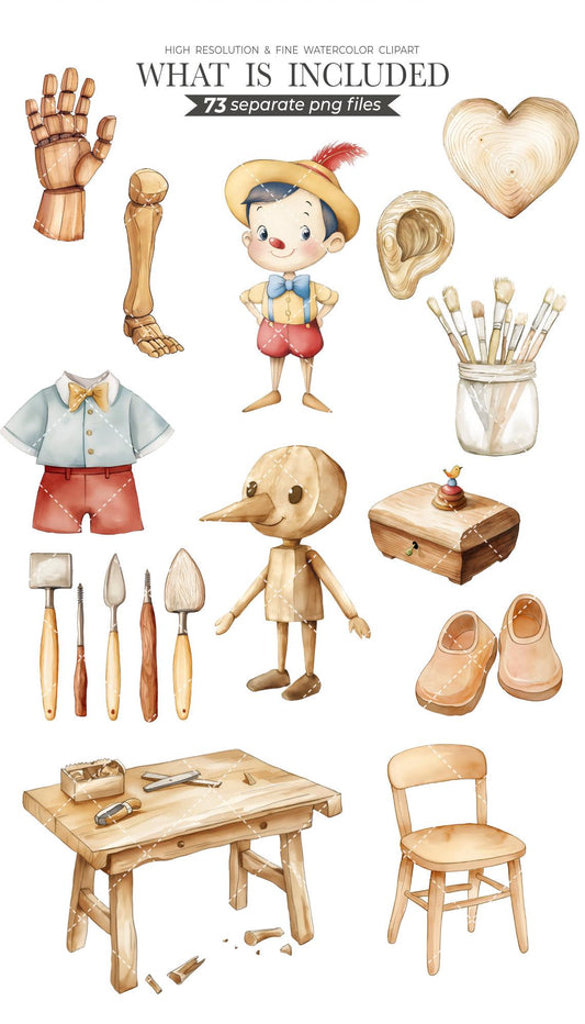 Cute Pinocchio, Wooden Boy Watercolor Clipart, Baby Pinocchio clipart ,Nursery Clipart, Pinocchio Clipart, Sublimation, Baby Shower, Nursery