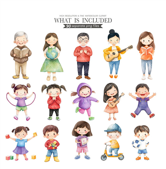 Cute Kindergarten Watercolor Clipart Set - Activities Clipart for Teachers, Youthful School Art, Friends Group Clipart, Commercial License
