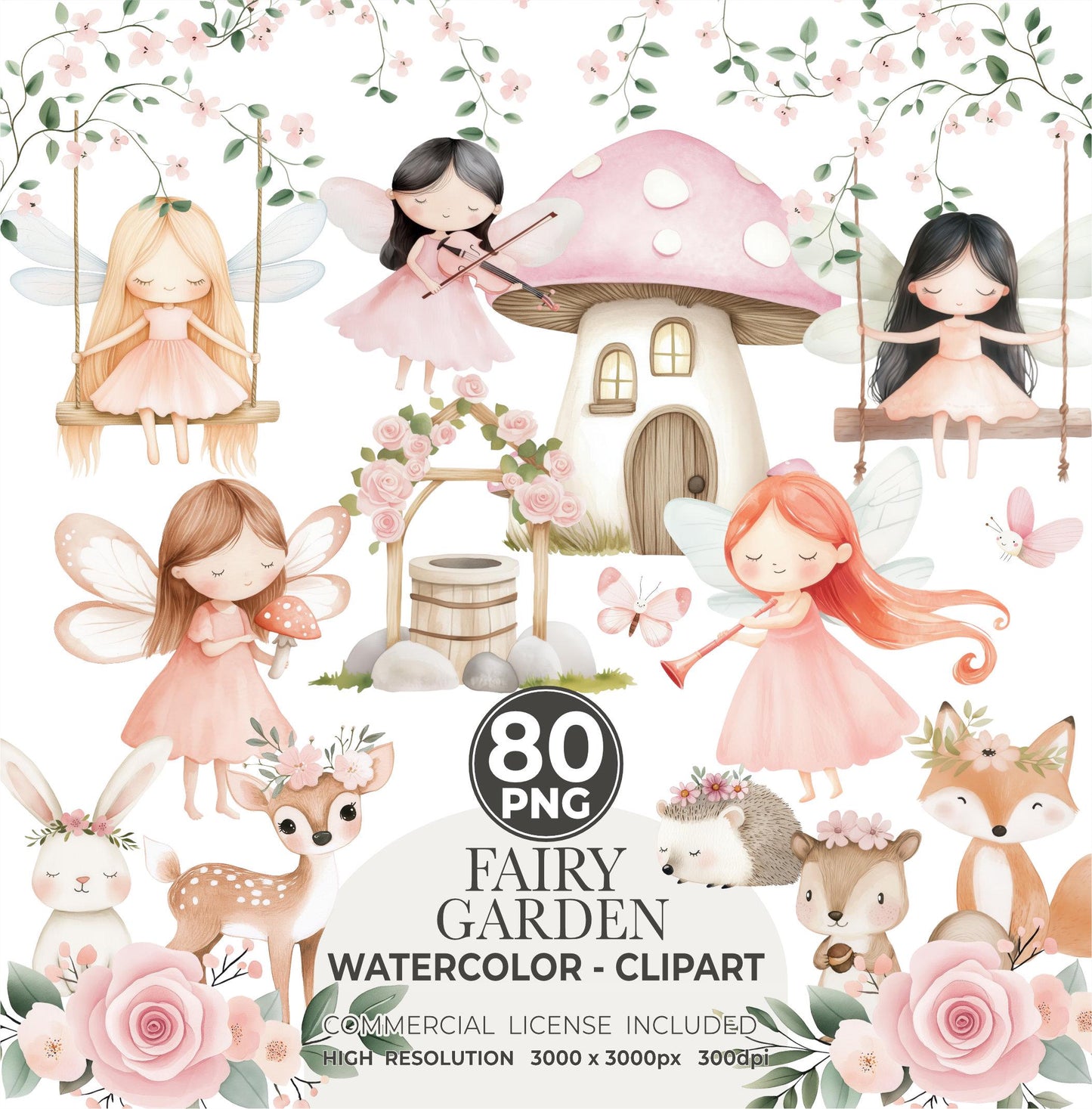 Watercolor Fairy Garden Clipart, Pink Fairy Princess PNG, Woodland Fantasy Unicorn, Cute Forest Animals, Magical Clipart, Whimsical Nursery
