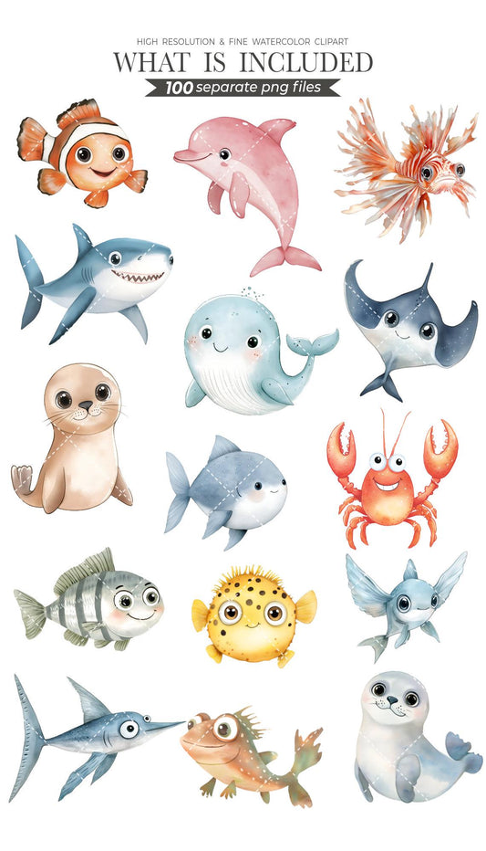 100 Under the Sea | Scuba Diver Nursery Clipart - Watercolor Clipart - Ocean Animals - Underwater Animals - Ocean Nursery - Commercial Use