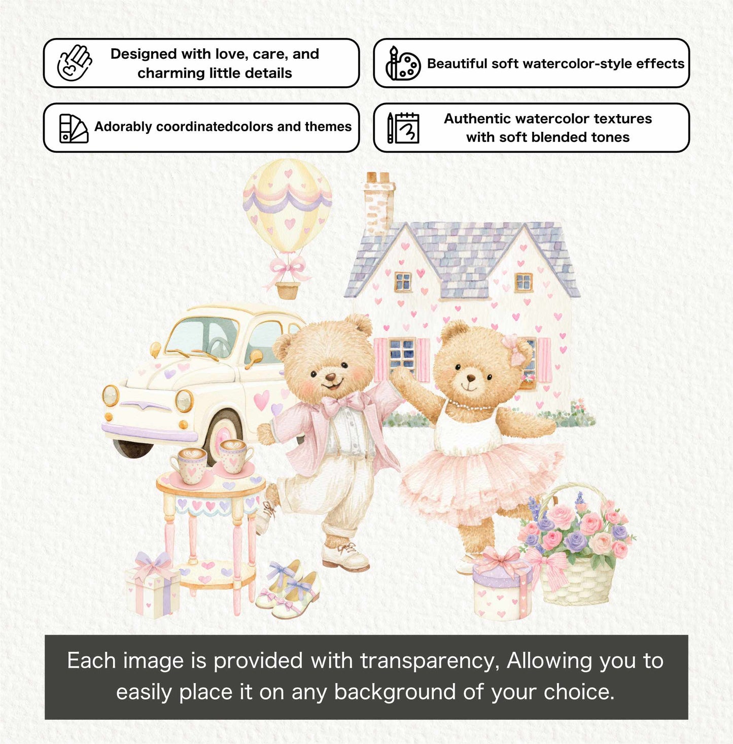 Valentine’s Day Teddy Bears Clipart, Romantic Watercolor Bears PNG, Cute Love Clipart, Nursery Decor, Baby Shower Digital Set