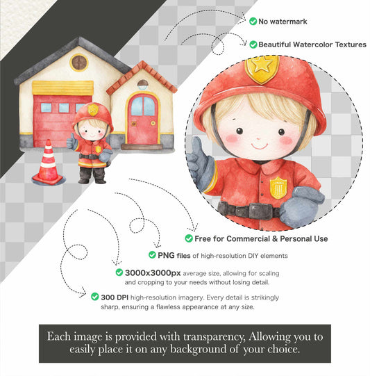 Cute Firefighters Clipart, Watercolor Emergency Vehicles Clipart, Fire Truck Clipart, Fire Department Png Bundle, First Responder Clipart