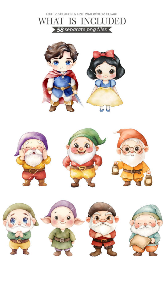 Cute princess and seven dwarfs, Snow White Watercolor Clipart, Princess PNG, Seven Dwarves, The White Princess, Cottage, Princess , Kids Art