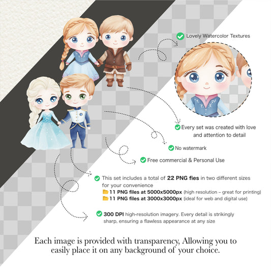 Princess PNG Bundle | Watercolor Princess Clipart | Cute Girl Princesses PNG Set for Crafts Birthday & Cards, cute Cartoon Princess clipart