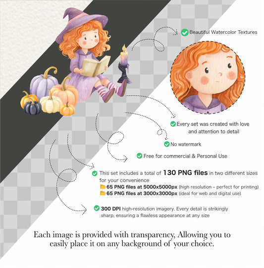 Cute Witch Clipart PNG – Pastel Halloween Watercolor, Whimsical Magic, Witchcraft Spells, Spooky Season, Commercial Use Sublimation