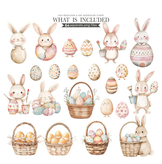 Easter Clipart Watercolor, Country Easter clipart, Easter Basket, Easter Bunny, Spring clipart Nursery Spring Clipart Spring Bunnies Clipart