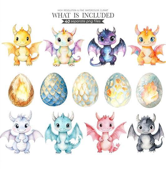 Watercolor Dragon Clipart Bundle | Baby Fantasy Dragon PNG, Mystical Creatures, Nursery art, Instant Download, Baby Dragon, Kid art , Dragon
