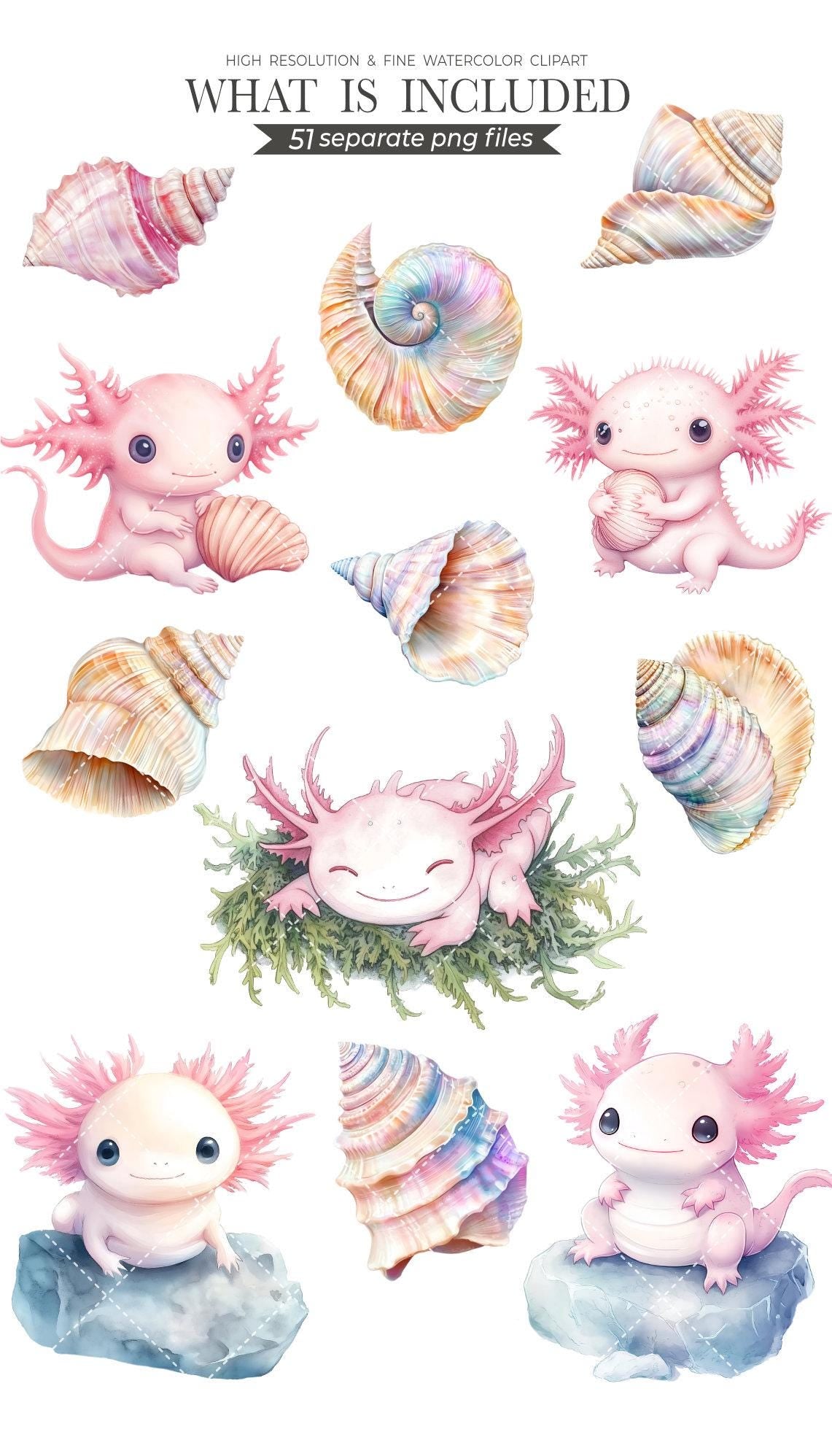 Axolotl Dreams Cliparts for Creative Project, Sea Animal Graphics, Nursery Wall Art, Card Making, Scrapbooking, Sublimation, Ephemera, PNG