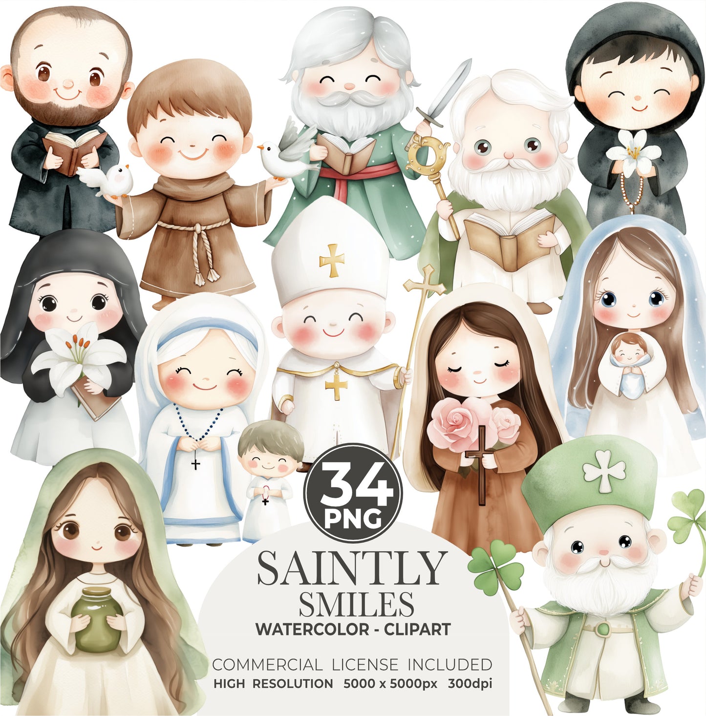 Watercolor Saints Clipart, Faith Cut File, Christians, Jesus, Bible Png, Watercolor Illustration, Digital Download, Catholic Art, Characters