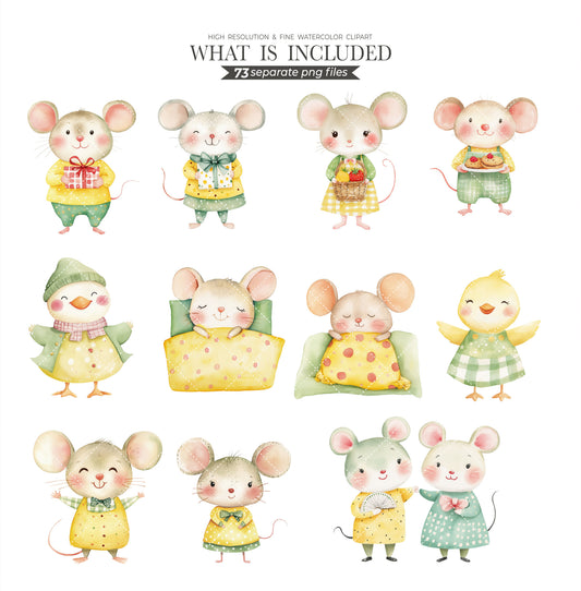 Mouse Clipart Watercolor, Nursery Clipart Bundle, Digital PNG Files, Baby Room Decor, Cute Animal Graphics, Baby Shower, Nursery Art