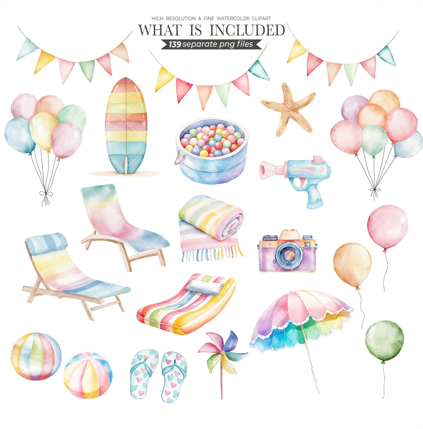 Pool Party Clipart Summer Fun Cute Kids Cocktails Ice-Cream Floaties Beach Accessories Party Invitation Commercial Use Clipart