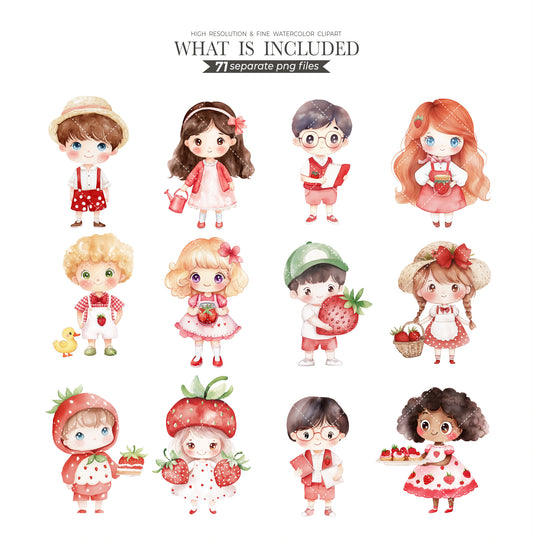 Watercolor Strawberry Clipart, Summer Clipart, Springtime Clipart, Cottage, Daisies, Junkjournal, Digital Stickers, Scrabooking, Commercial