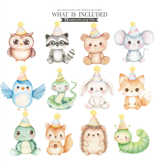 Forest Animals Birthday Clipart Set Boho Cute Party Whimsical Watercolor Forest PNG Commercial Use Kids Nursery Baby Birthday Invitations