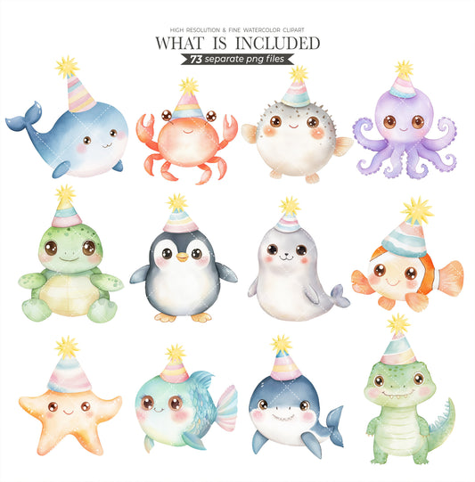 Cute Ocean Birthday Clipart, Happy Sea Animals, PNG Watercolor Clipart, Animal Celebration Clipart, Ocean Animals, Commercial Use