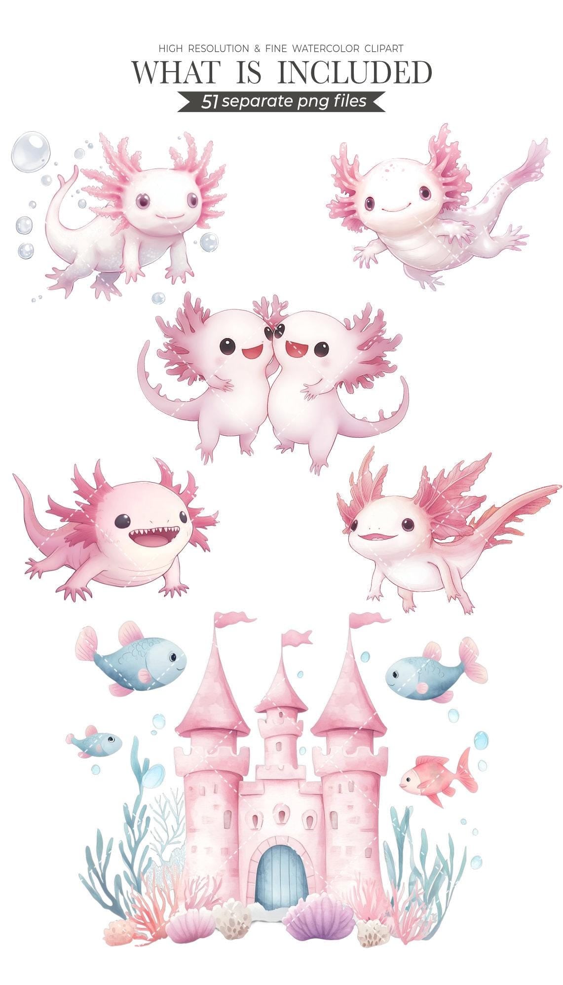 Axolotl Dreams Cliparts for Creative Project, Sea Animal Graphics, Nursery Wall Art, Card Making, Scrapbooking, Sublimation, Ephemera, PNG