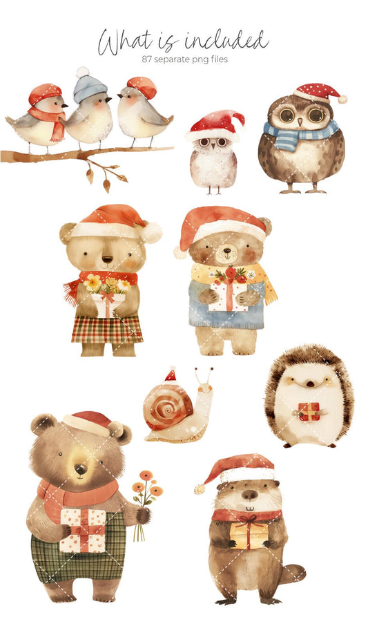 Woodland Christmas Clipart - Watercolor Winter - Cute Forest Animal - Cute Santa Clipart - Cute Christmas Clipart - Holiday Clipart
