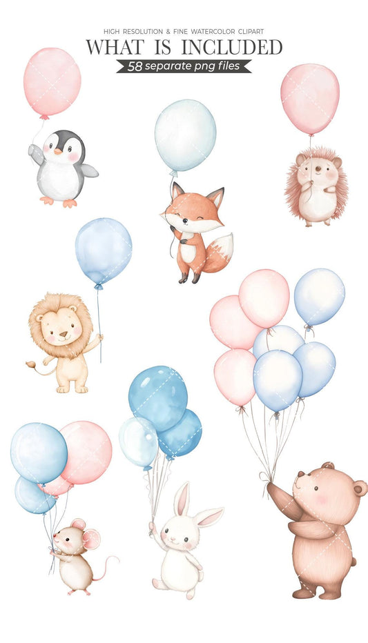Baby Monthly clip arts, birthday clipart, Monthly Growth artworks, Nursery Clipart Bundle for Baby Shower gift, animal with balloons png