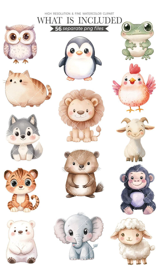 Watercolor Cute Animals Clipart, 56 Cute Animal PNG, Watercolor Animals, Cute Animal Bundle, Baby Animals, Animal Doodle, Printable Animals