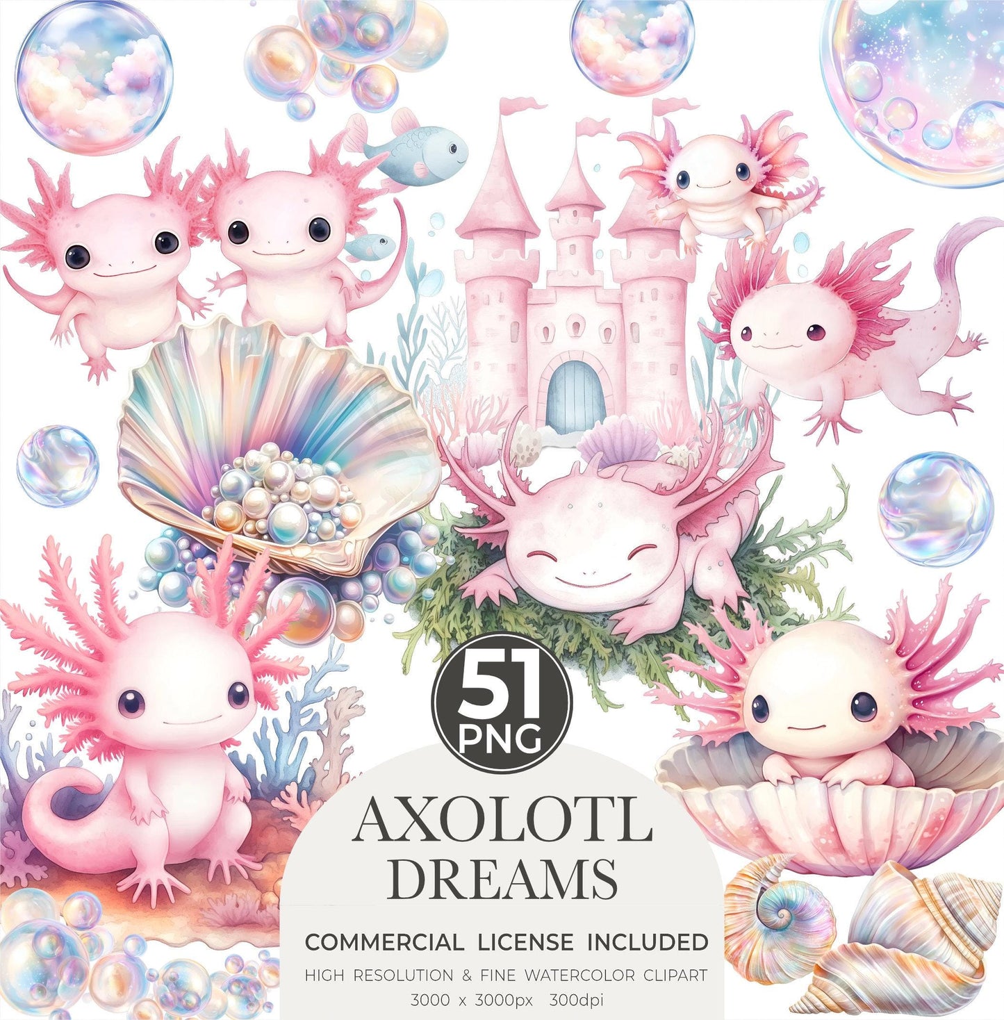 Axolotl Dreams Cliparts for Creative Project, Sea Animal Graphics, Nursery Wall Art, Card Making, Scrapbooking, Sublimation, Ephemera, PNG