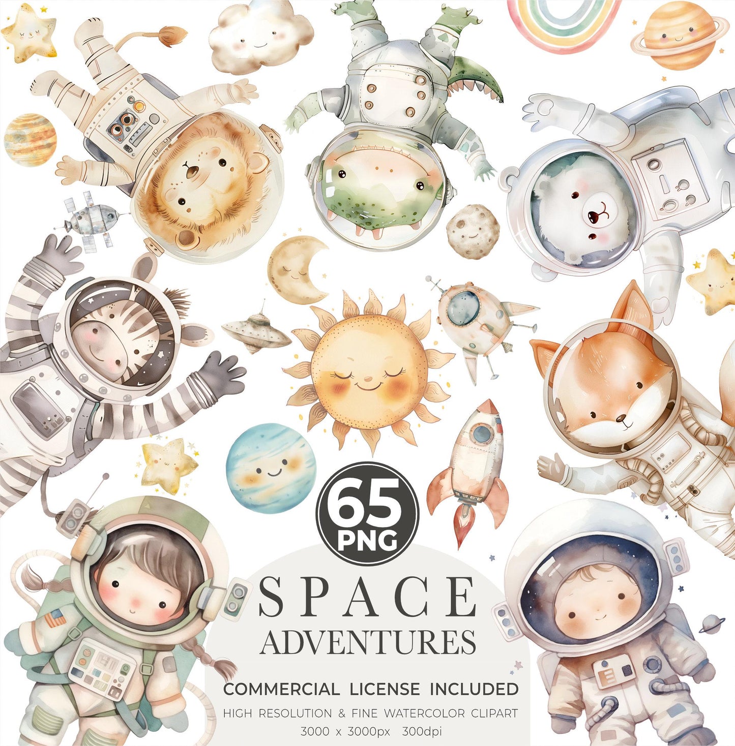 Outerspace Clipart Bundle - Watercolor Astronauts, Space Shuttle PNG, Cute Space Birthday Party Decorations, Science Digital Art, Rocket PNG