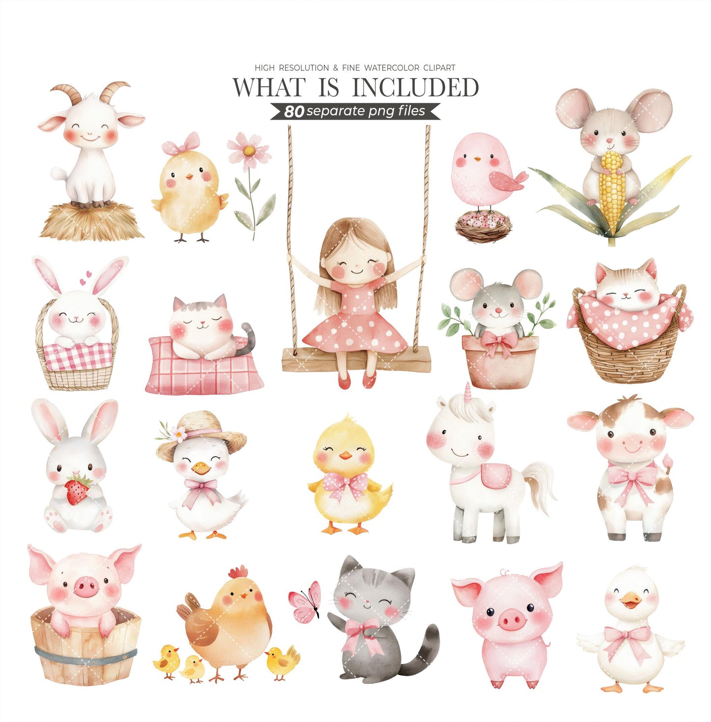 Spring Cottagecore Clipart, Cute Strawberry, Animals, Florals, Rustic Farm, Red Gingham, Polka Dots, Nursery Kids Watercolor, Commercial Use