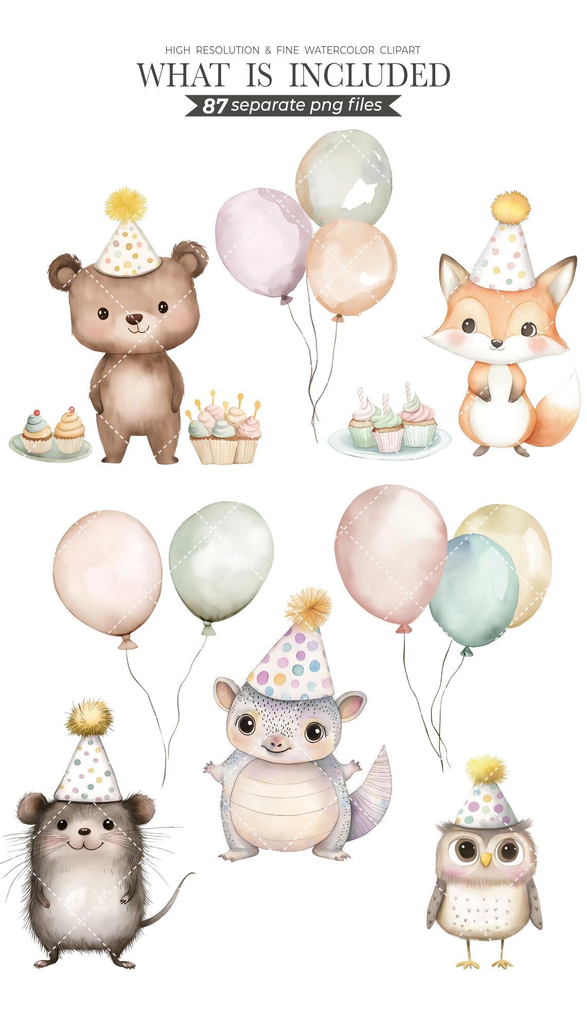 Watercolor Cute Birthday Clipart Collection with Cute Watercolor Animals - Birthday Party Watercolor Kit - DIY Invitations