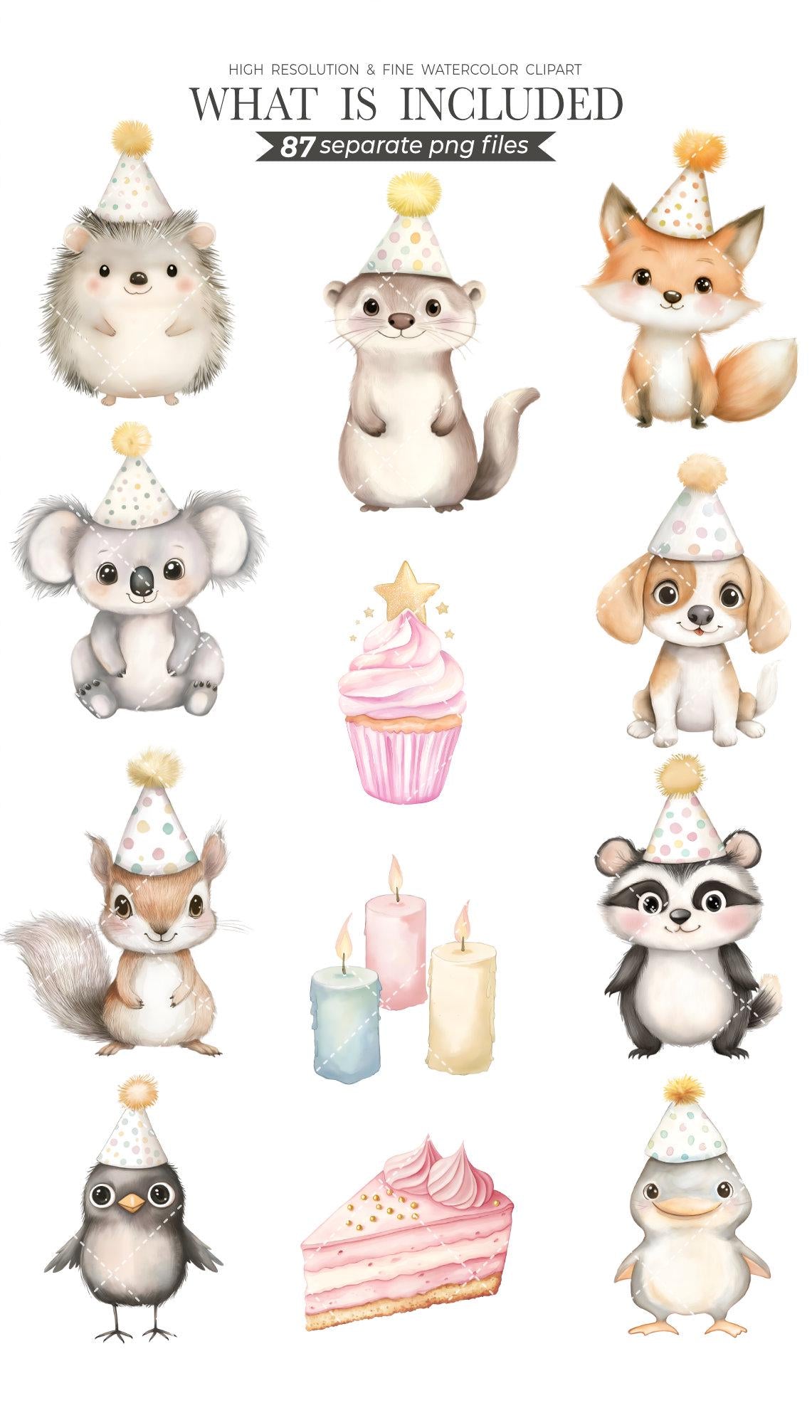 Watercolor Cute Birthday Clipart Collection with Cute Watercolor Animals - Birthday Party Watercolor Kit - DIY Invitations