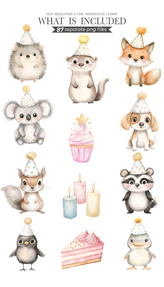 Watercolor Cute Birthday Clipart Collection with Cute Watercolor Animals - Birthday Party Watercolor Kit - DIY Invitations