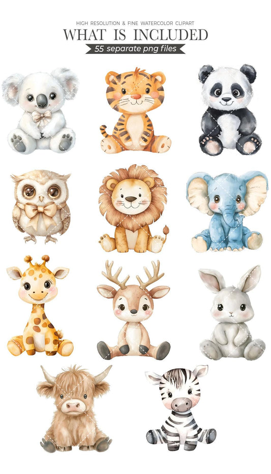 Watercolor Nursery Animal Clipart Bundle for Baby Shower Invite - Cute Animals - Watercolor Animals Party - Baby Animal Decor - Scrapbooking